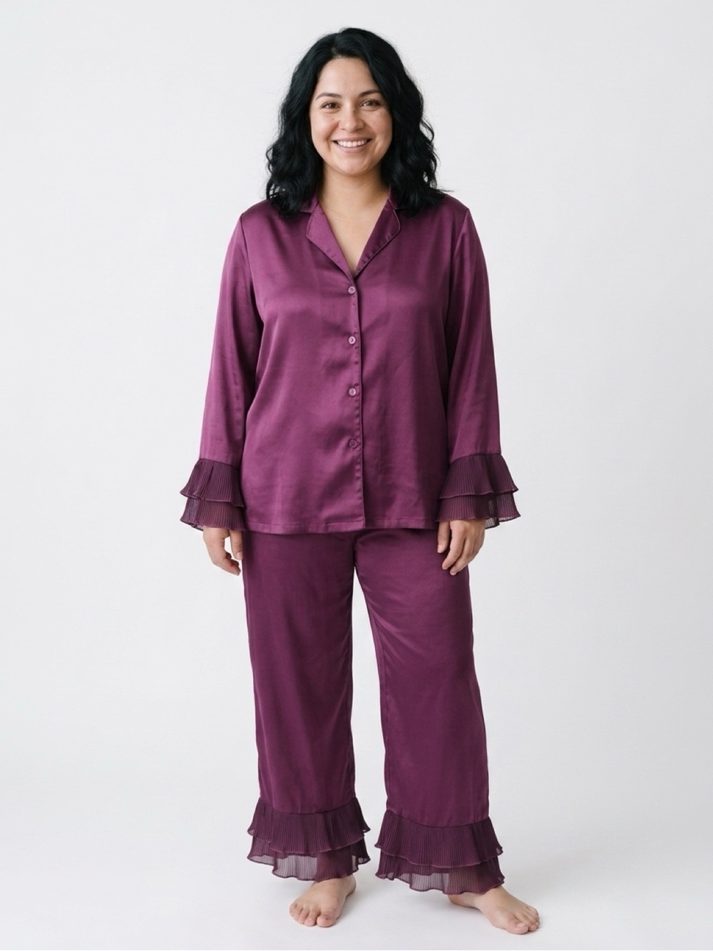 Pair of Silky Plum Ruffle-Trim Pajama Set - Women